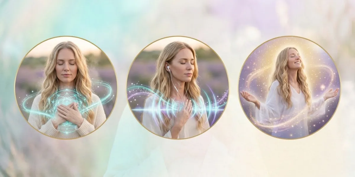 3 bubble images of a woman connecting with her heart center and the universe