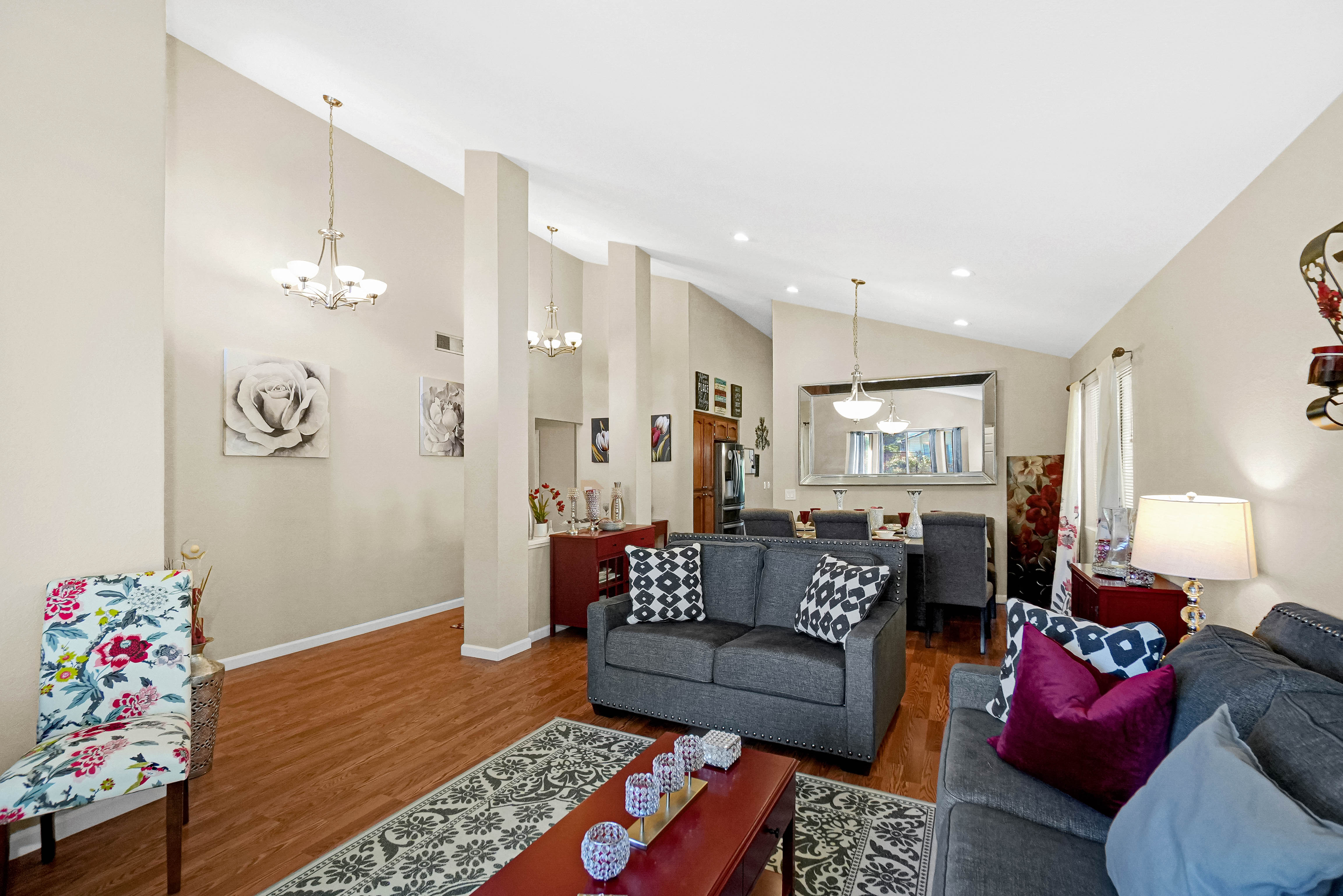 Cozy living room with working fireplace and natural light