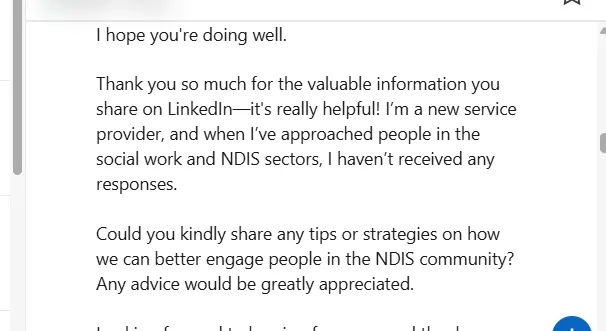 LinkedIn DM from a new NDIS provider director