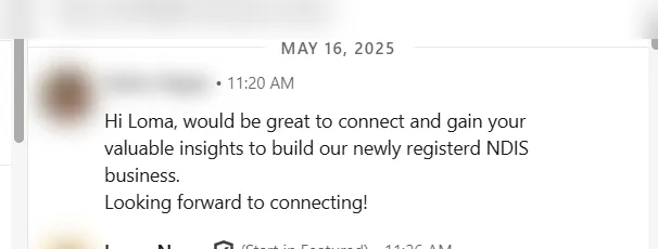 LinkedIn DM from a newly registered NDIS co-founder