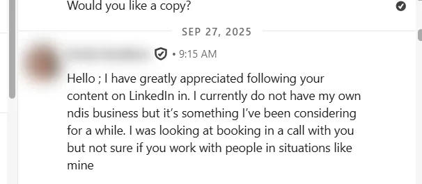 LinkedIn DM from a founder considering starting an NDIS business