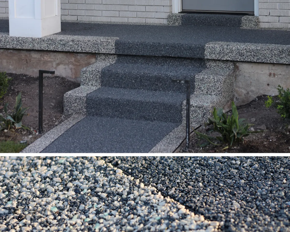 Resin rock flooring service designed for patios, pool decks, and outdoor living spaces with a permeable stone finish