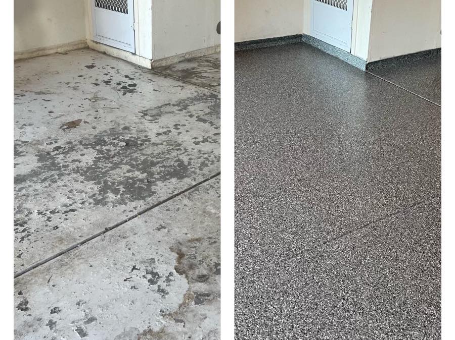 Before and after of an epoxy job of a garage floor