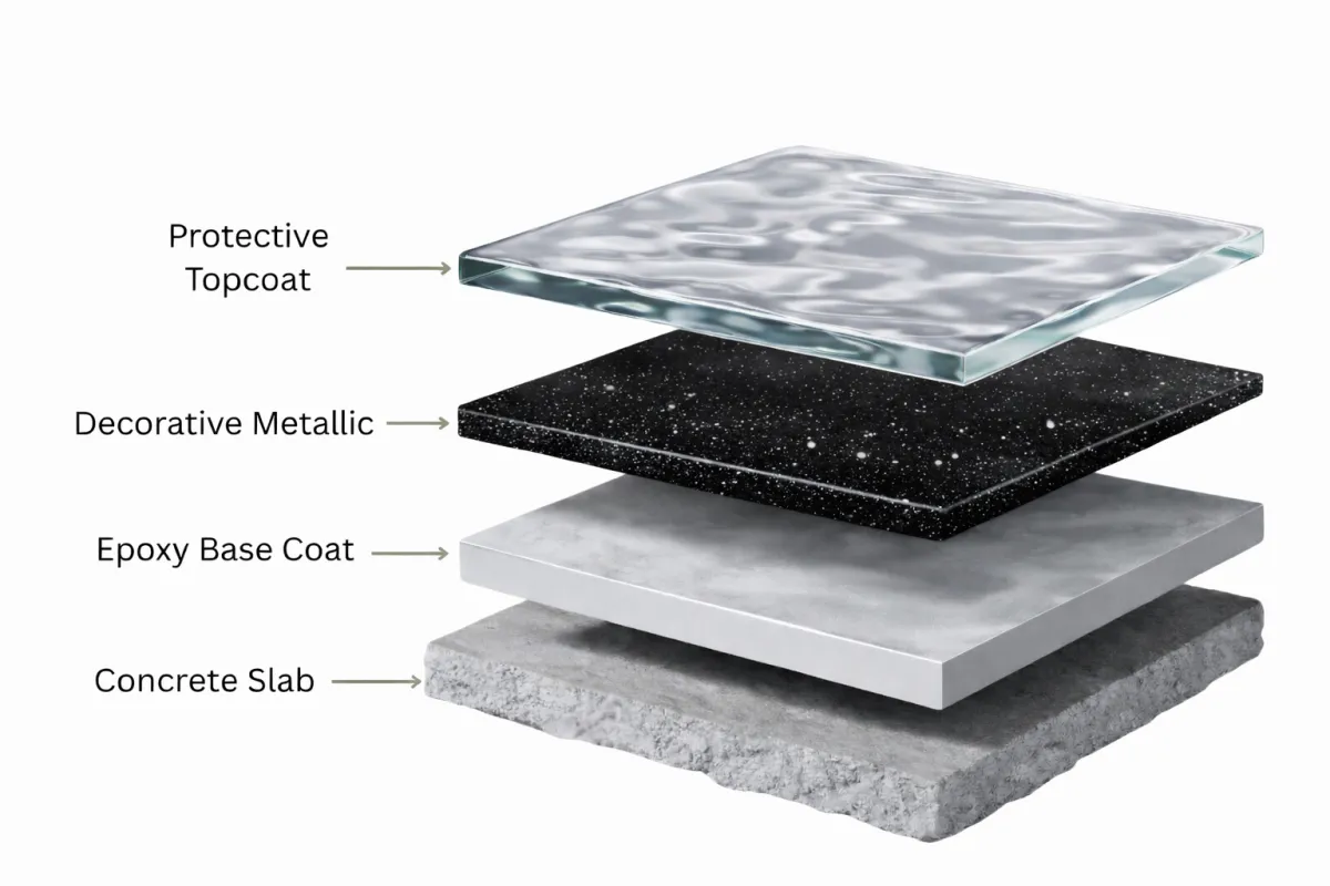 Diagram showing the metallic epoxy flooring process, including concrete preparation, base coat, metallic epoxy application, and protective topcoat