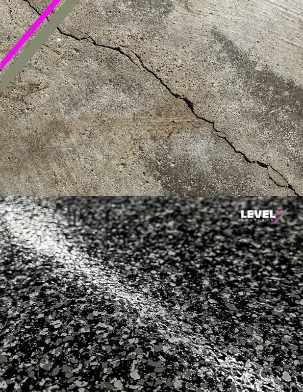 Before and after of a durable, polaspartic epoxy flake floor.