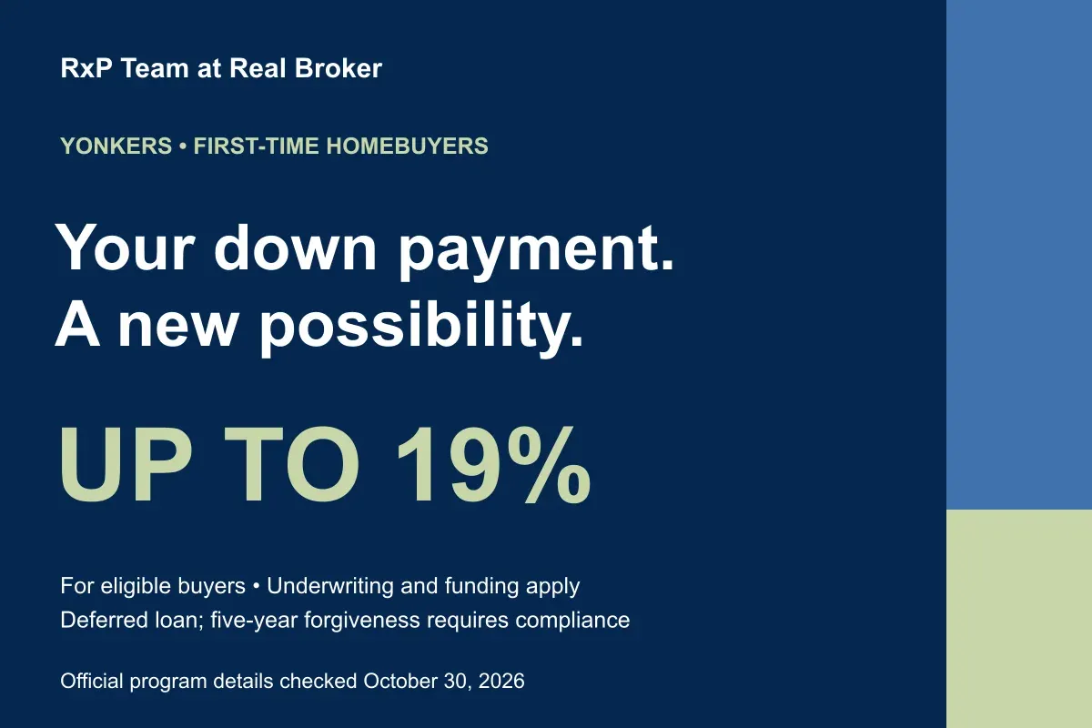 RxP Yonkers first-time homebuyer assistance guide: up to 19%, subject to eligibility, underwriting and funding.