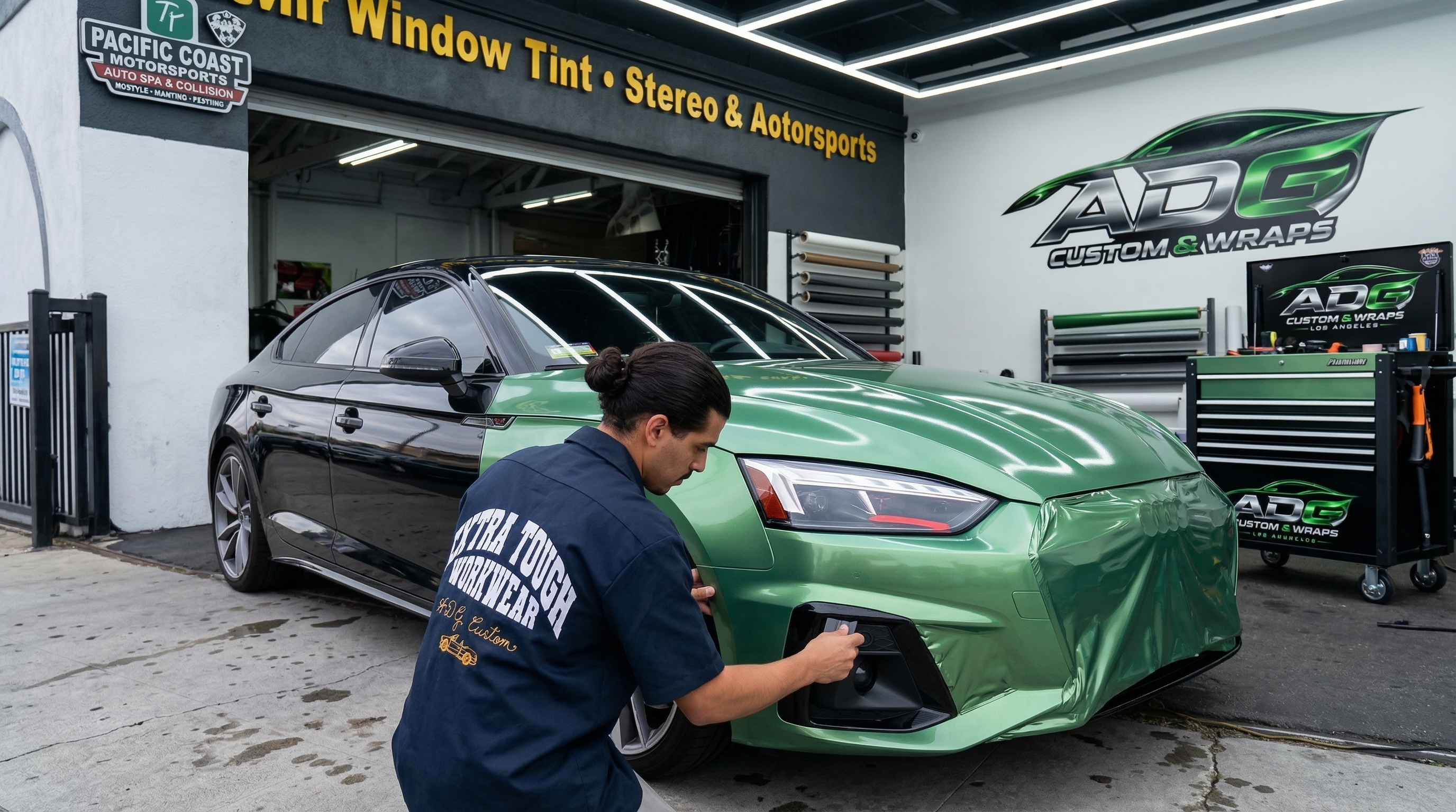 Vinyl wrap being applied to a luxury car