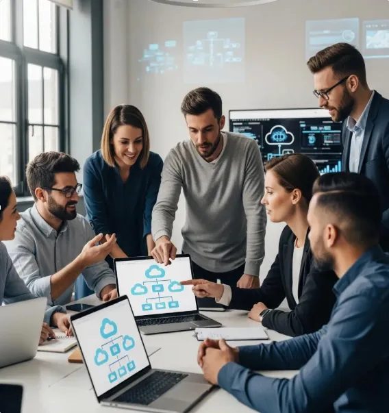 Team of professionals collaborating in a meeting, reviewing cloud infrastructure diagrams on laptops, discussing network and IT solutions in a modern office.