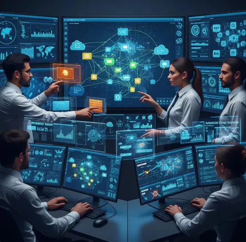 IT professionals analyzing cloud network data on multiple screens, collaborating on cybersecurity and infrastructure management in a high-tech control room.