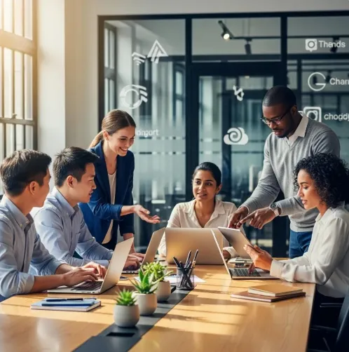 Team collaborating in a modern office, discussing cloud technology and digital workflows while working on laptops and tablets.