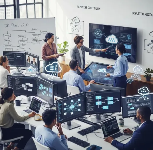 IT team collaborating in a control room, managing cloud disaster recovery and business continuity systems on multiple screens.