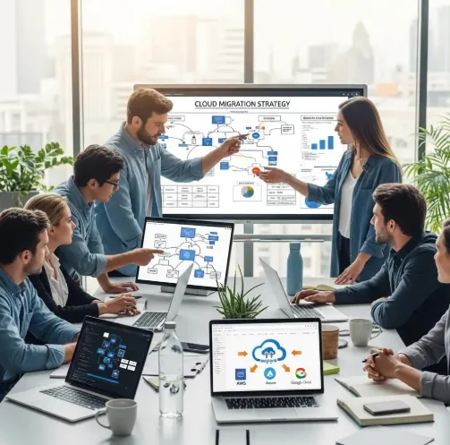 Team collaborating in a meeting, presenting a cloud migration strategy with diagrams and laptops in a modern office.