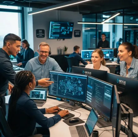 IT support team collaborating in a modern office, monitoring network data and assisting colleagues across multiple computer workstations.