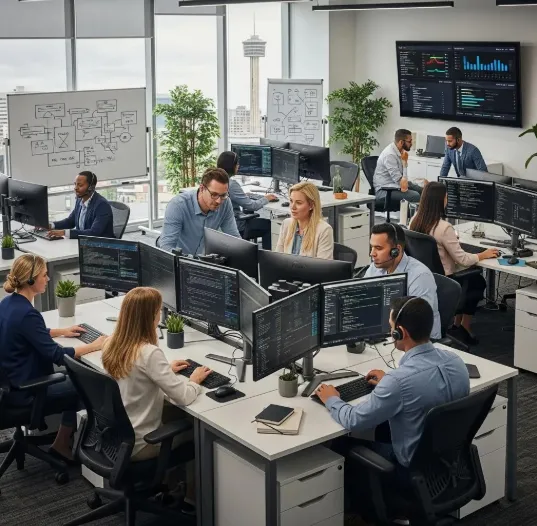 IT helpdesk team working in a modern office, monitoring systems and assisting users across multiple computer workstations.
