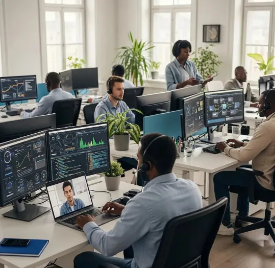 IT support team working in a modern office, monitoring systems, analyzing data dashboards, and assisting users across multiple computer stations.