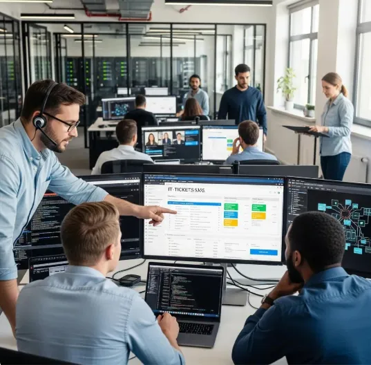 IT helpdesk team collaborating in a modern office, managing support tickets and monitoring systems across multiple screens.