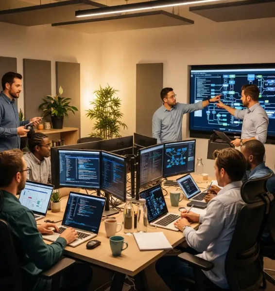 IT support team collaborating in a modern office, reviewing network systems and managed IT services on multiple screens.