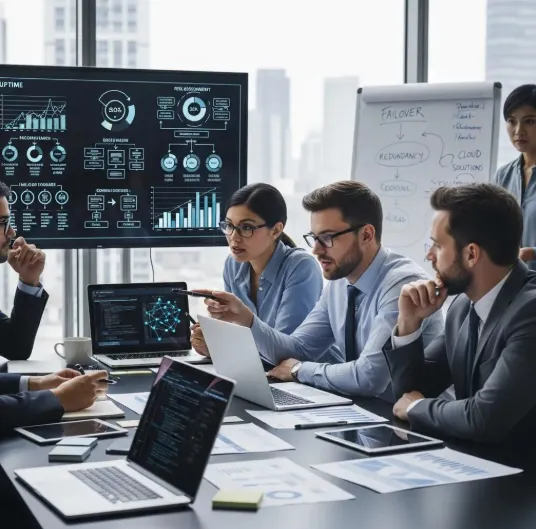 Business team in a meeting analyzing IT performance dashboards and discussing network, cloud, and disaster recovery strategies in a modern office.