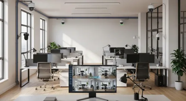 Team of professionals collaborating in a modern office with multiple computer screens.