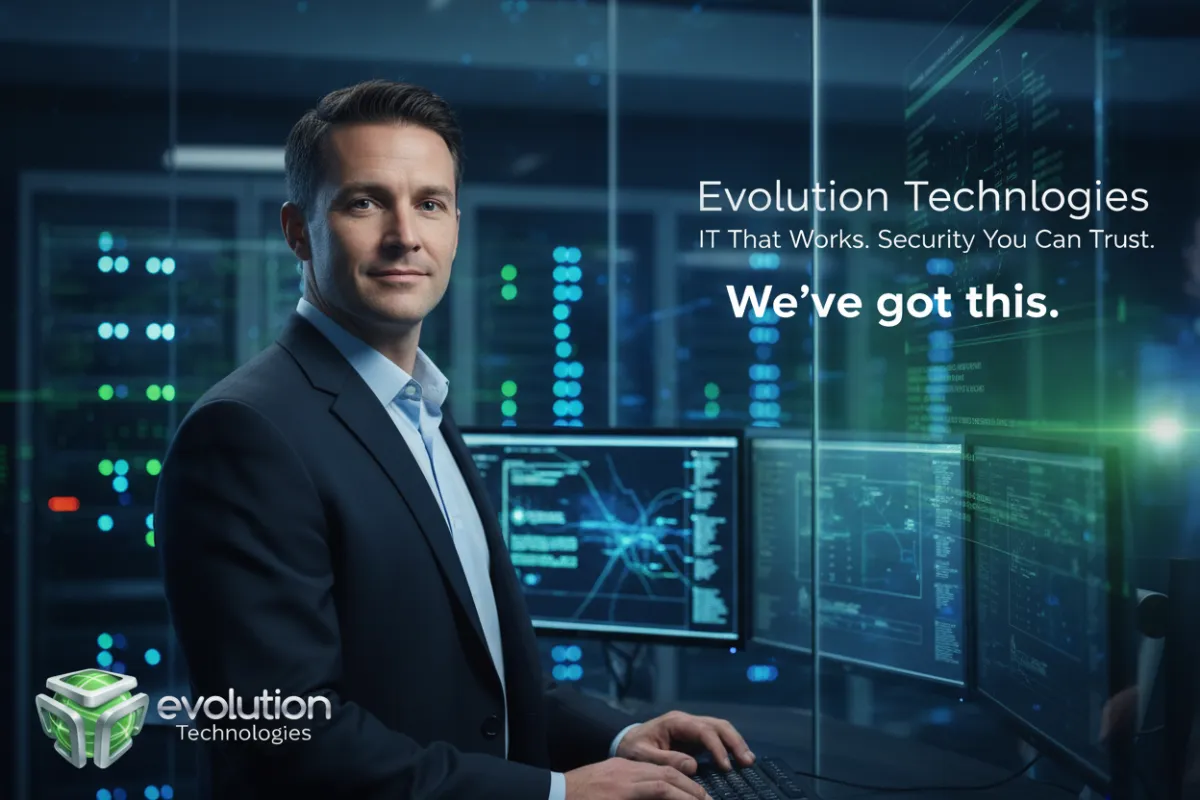 Professional IT leader standing in a modern data center with cybersecurity monitoring dashboards, representing Evolution Technologies' managed IT services, cybersecurity expertise, and enterprise technology solutions.