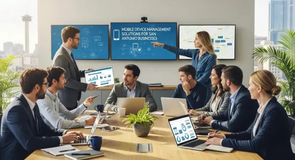 Business team collaborating in a modern office, reviewing mobile device management solutions on screens and laptops