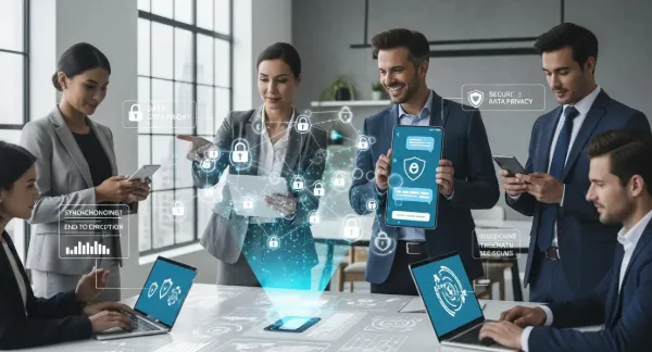 Business team using mobile devices and laptops with digital security icons, showcasing secure data management and connectivity