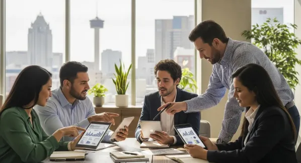 Team collaborating on tablets and laptops in a modern office with San Antonio skyline visible