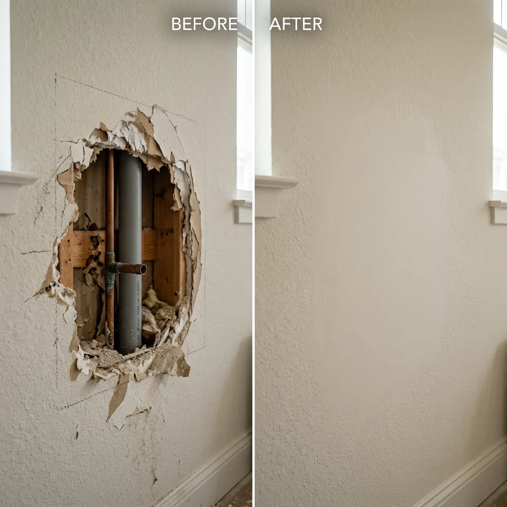 Drywall access hole repair on an interior wall, patched and finished to match surrounding texture