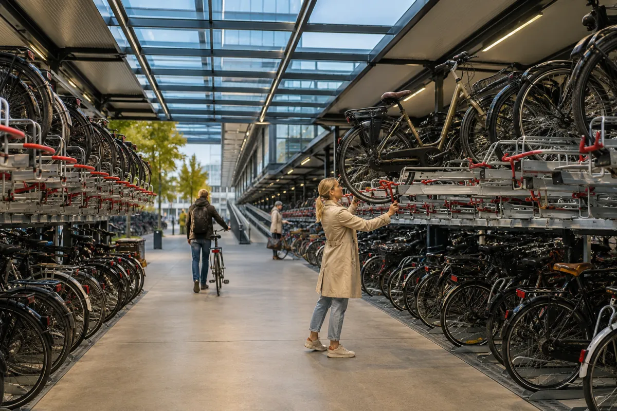 Dubbellaagse fietsenrekken in een overdekte fietsenstalling – tweelaags fietsparkeren door Herva