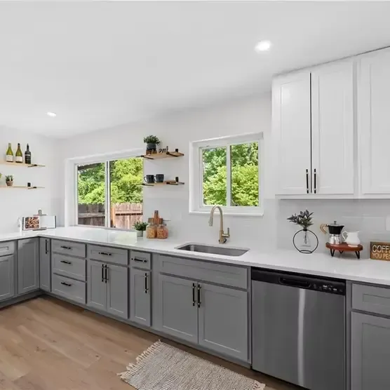 Modern farmhouse kitchen remodel near me with shiplap walls and apron-front sink