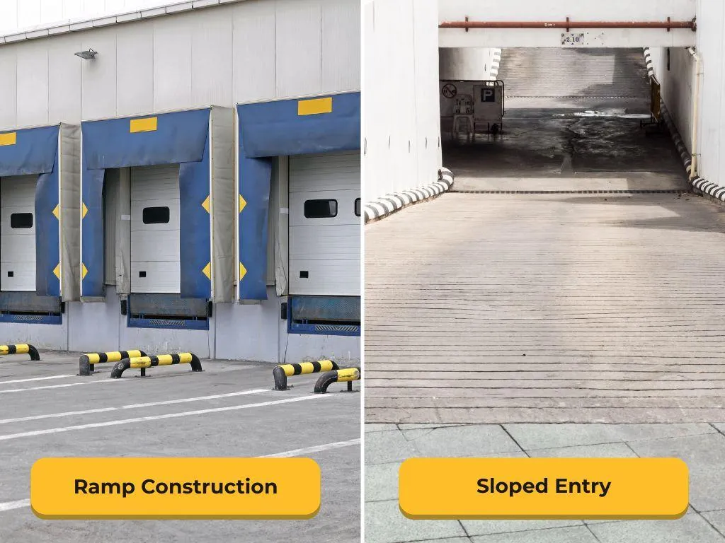 Finished concrete parking lot with ADA-compliant striping and curb ramps