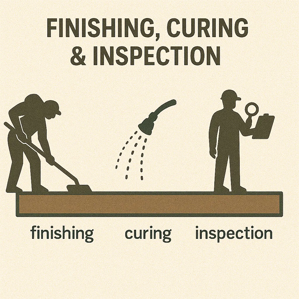 Three-step process showing concrete finishing with a trowel, curing with a hose, and inspection with clipboard.