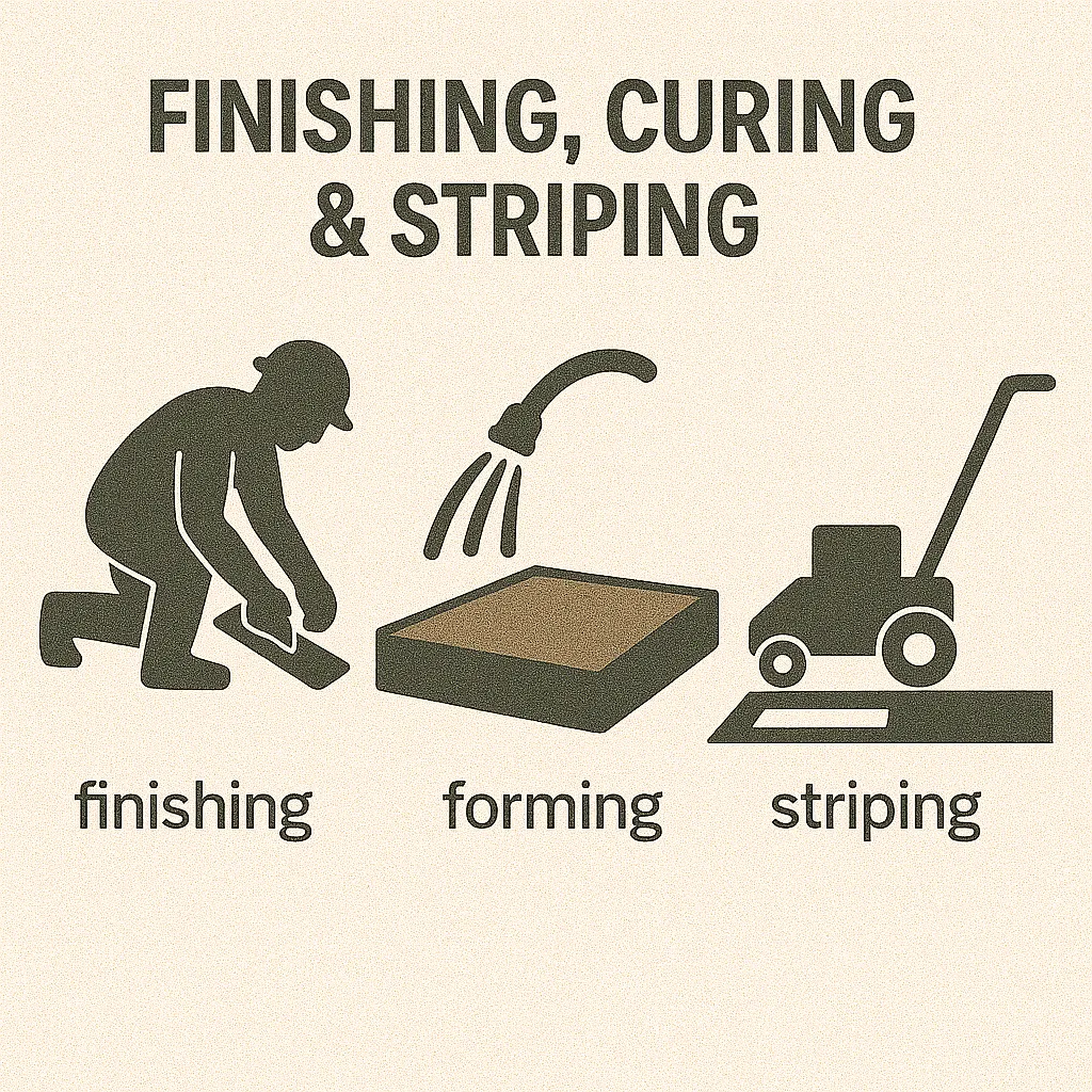 Step-by-step illustration of concrete finishing with a trowel, slab curing with water, and a machine applying pavement striping.