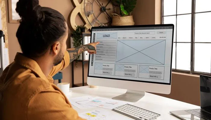 Man pointing at website wireframe on monitor for dental SEO