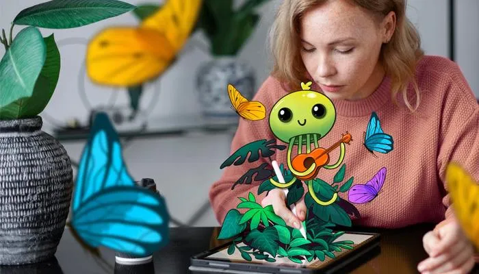 Woman drawing on tablet with animated character for marketing graphics