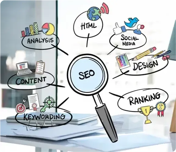 Megaphone surrounded by marketing icons for dental services