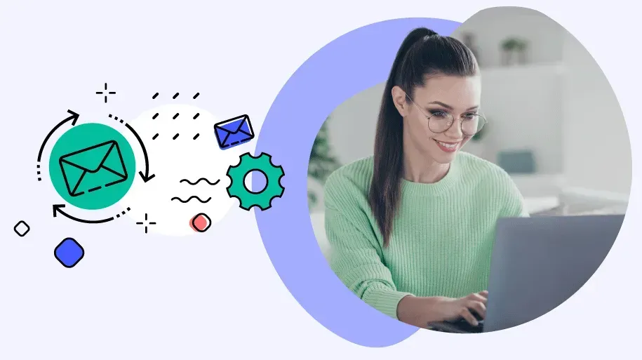 Animated woman with laptop and email icons for marketing automation