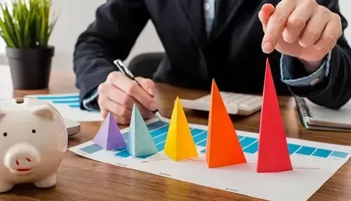 Colorful bar graph with hand placing triangle for healthcare SEO analytics