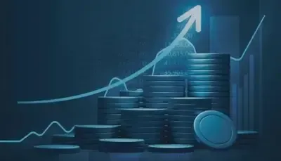 Blue coins stacked with upward graph for growth in healthcare marketing