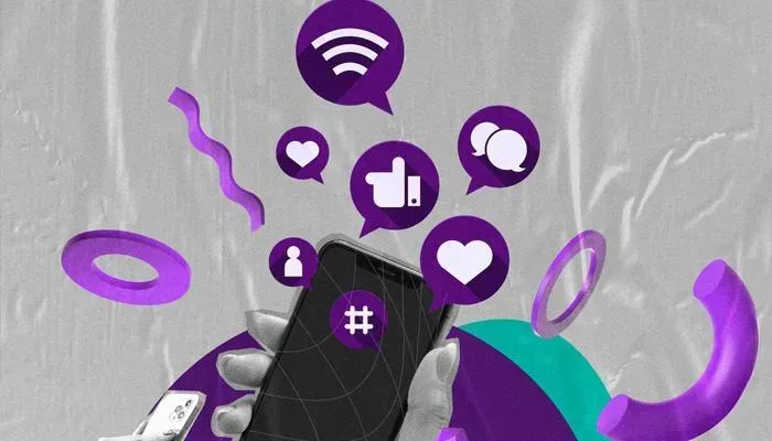 Couple using devices with like icons for social media marketing