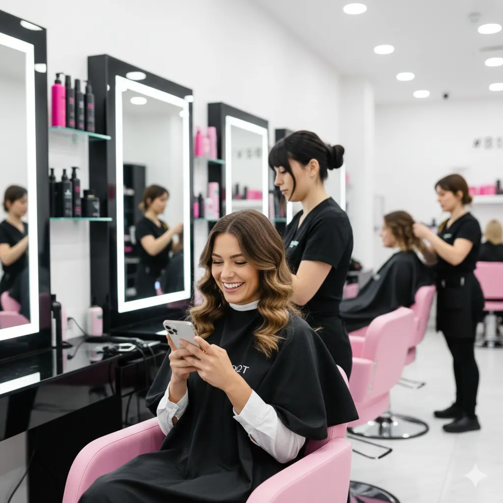 Luxury salon scene with a happy client reading a text message while seated in a pink chair, stylists working nearby, illustrating salon client reactivation, automated text follow-up, and beauty business booking systems.