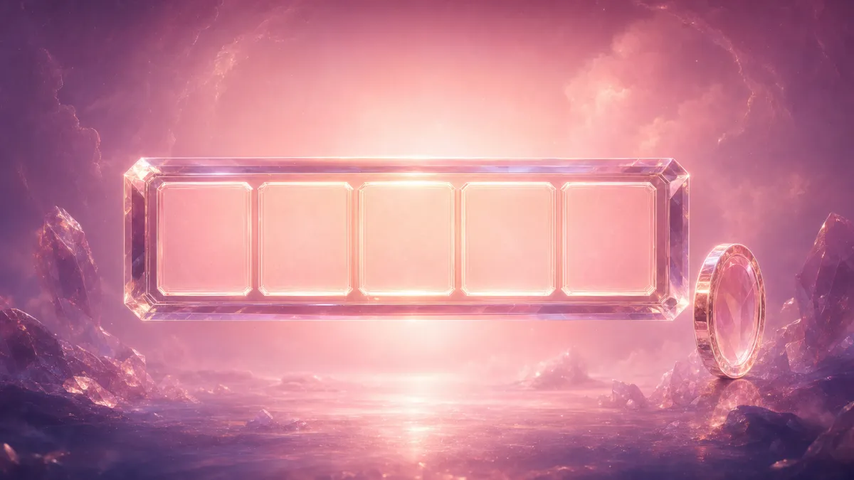 A translucent crystal scoreboard with five illuminated panels floating in a blush rose atmosphere beside a balanced crystal coin, representing the five numbers of the AI Scoreboard Doctrine