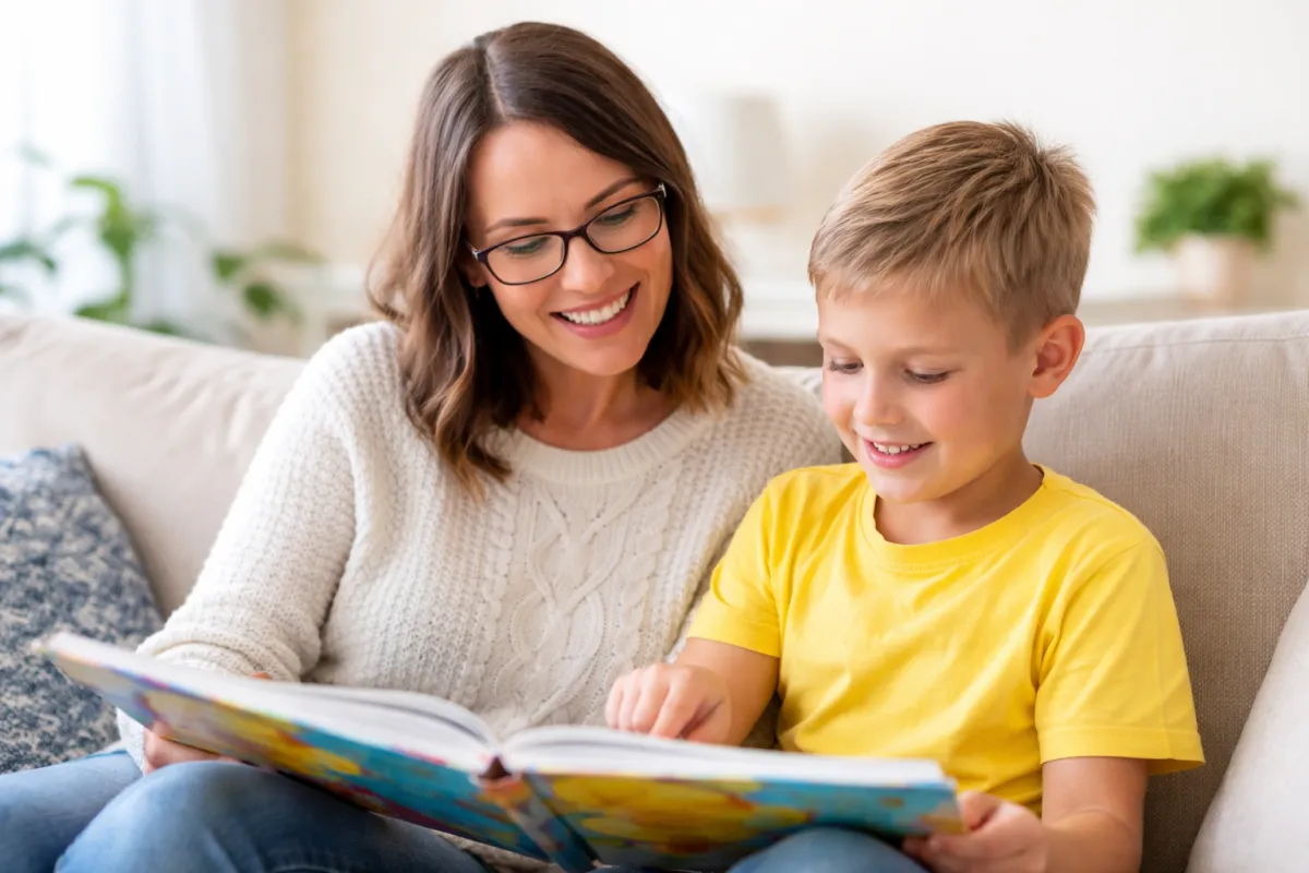 First grade child reading a book with an adult to support early reading development