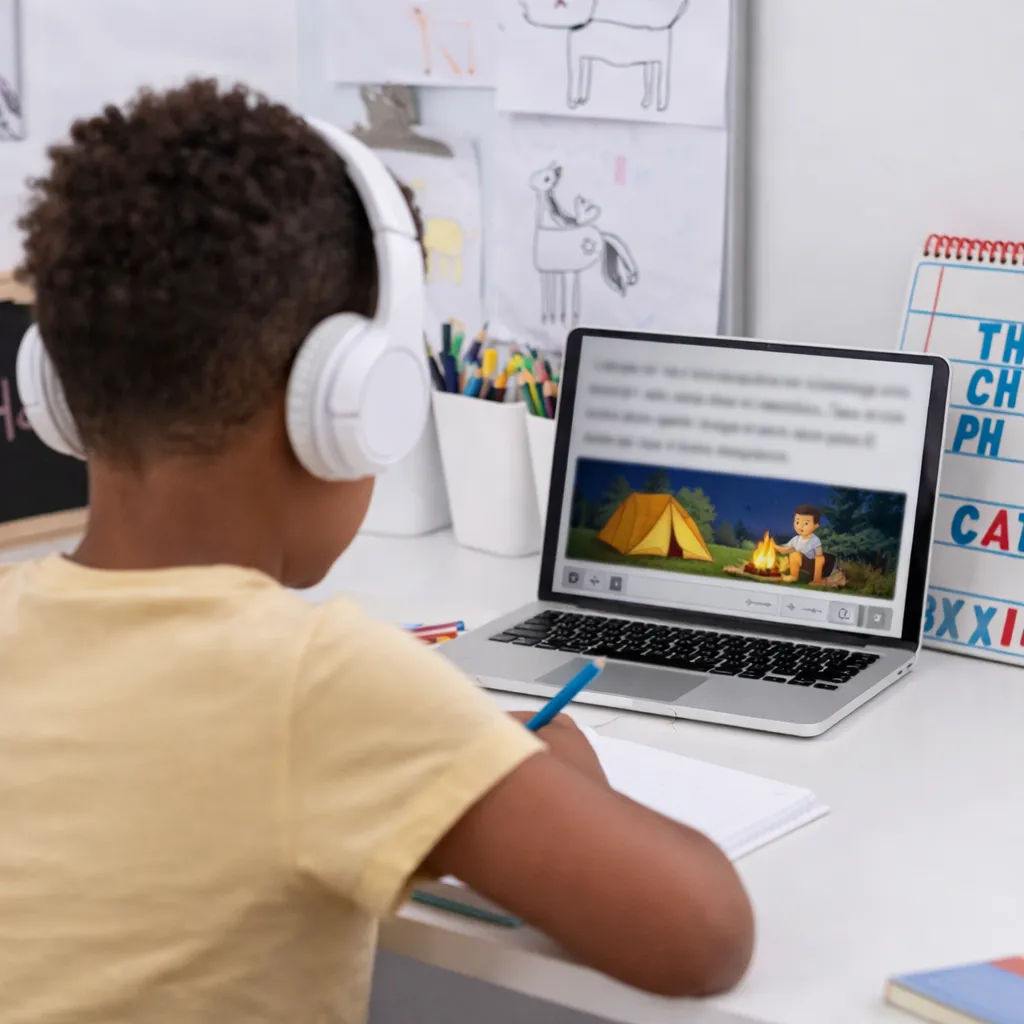 Elementary boy participating in an online reading tutoring session with headphones and notebook