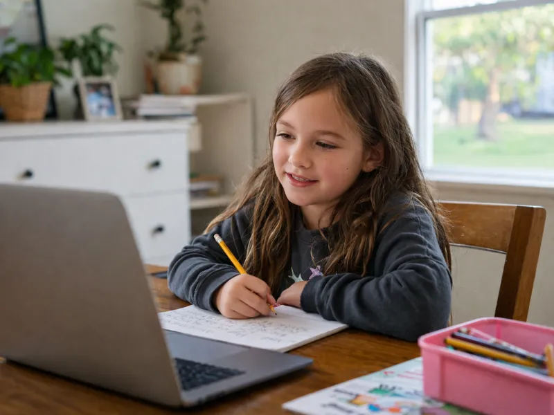 Elementary student smiling while working with an online reading tutor on a laptop, notebook and pencil on the table