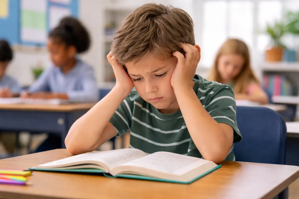 Elementary child practicing reading with parent support at home