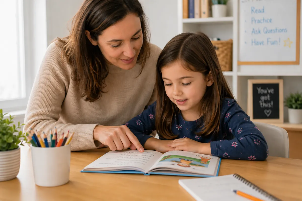 parent helping first grader learn to read at home