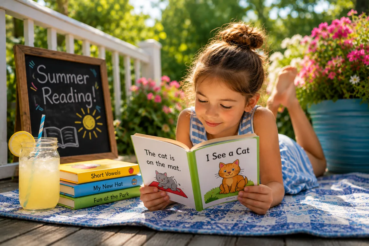 Young girl reading beginning reader books outdoors during summer reading practice