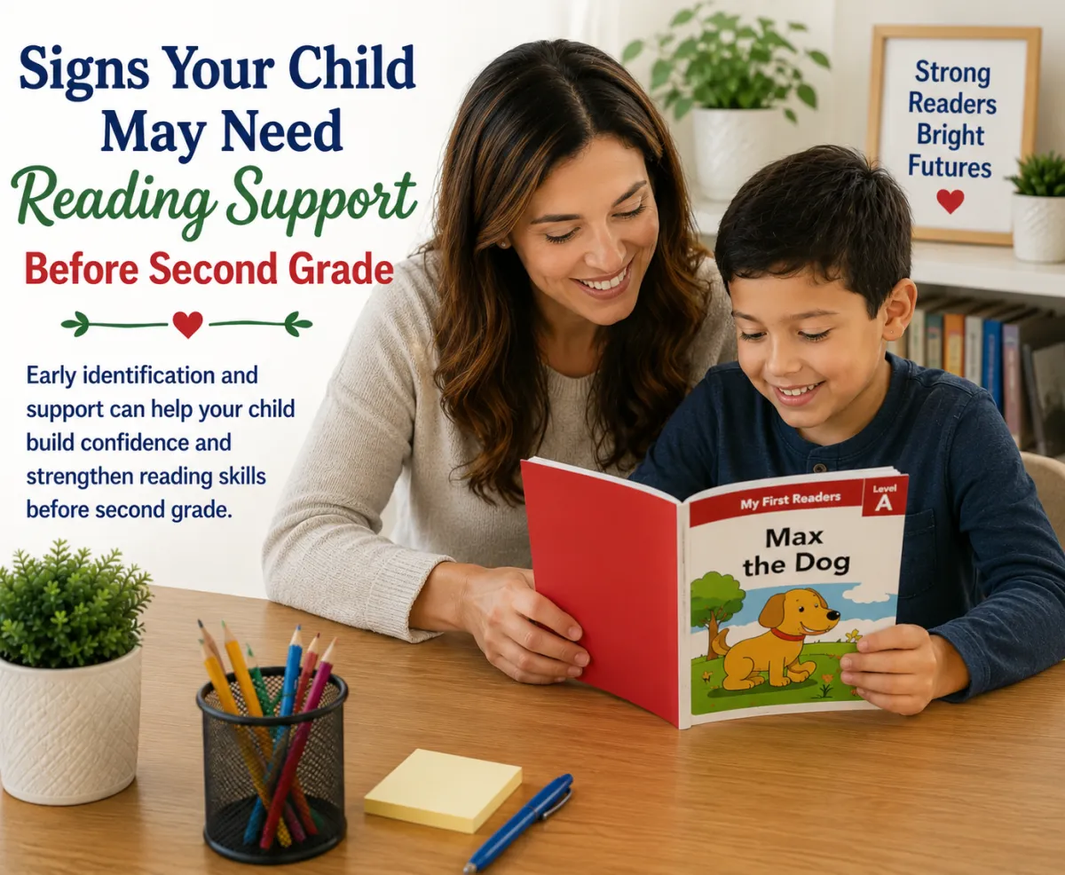 Signs a child may need reading support before second grade, with a parent helping a young reader practice reading skills.