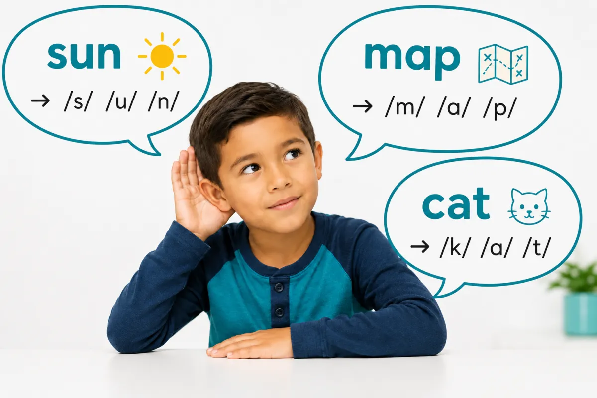 Young boy listening carefully with speech bubbles showing sounds and words to represent phonemic awareness skills.